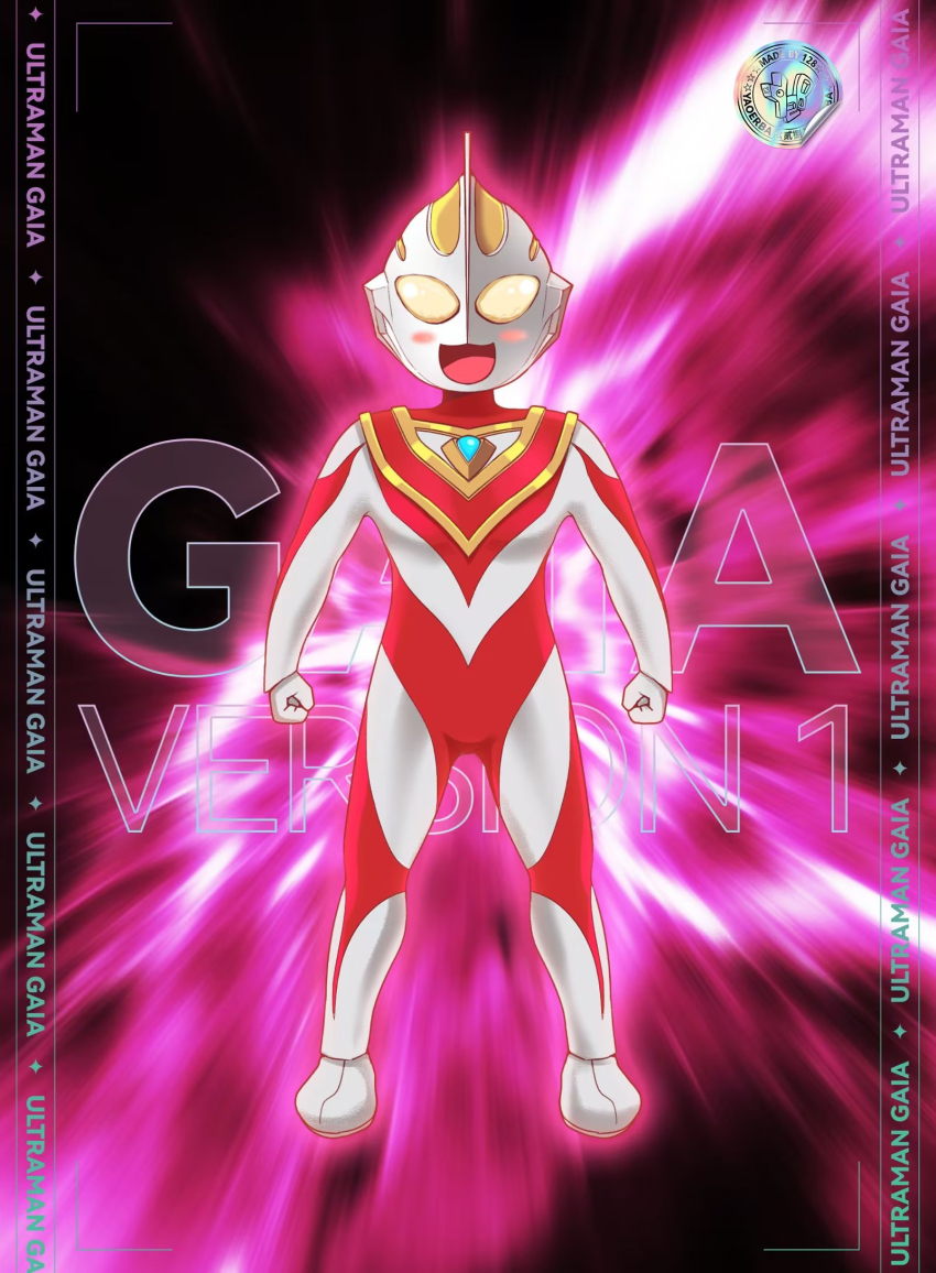 1boy :3 :d alien animification armor artist_logo artist_name black_background blush_stickers breastplate character_name clenched_hands color_timer colored_skin commentary compound_eyes dorsal_fin english_text full_body glowing glowing_eyes gold_trim highres legs_apart logo looking_at_viewer male_focus multicolored_skin no_pupils open_mouth pink_background red_skin silver_skin smile solo standing sticker tokusatsu two-tone_background ultra_series ultraman_gaia ultraman_gaia_(series) yaoerba128 yellow_eyes