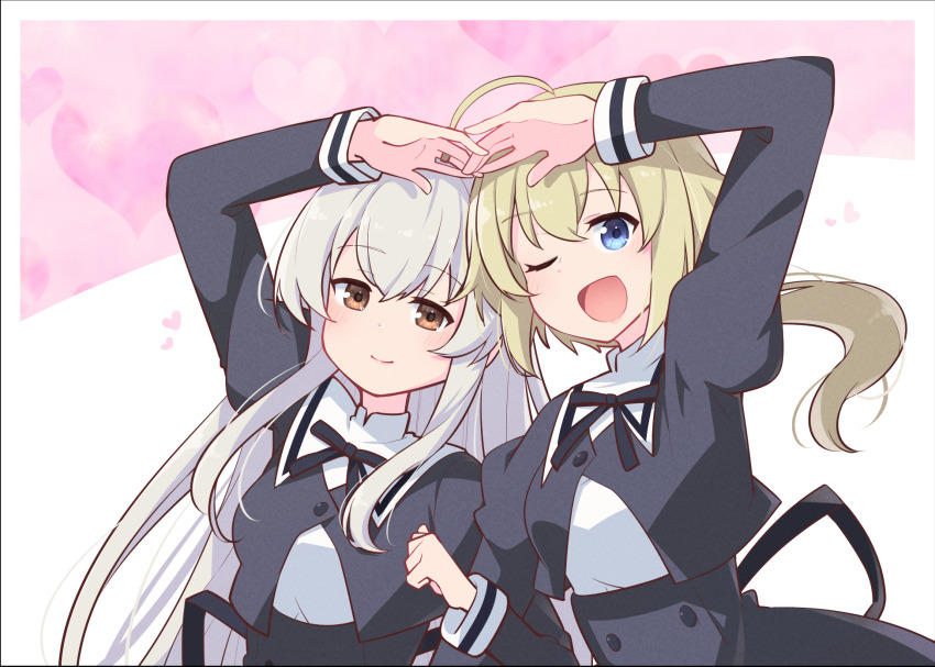 2girls ;d ahoge amano_soraha arm_at_side arm_hug arm_up assault_lily back_cutout black_ribbon black_skirt blue_eyes blush breasts brown_eyes buttons closed_mouth clothing_cutout commentary_request cropped_jacket egawa_kusumi grey_hair hair_between_eyes hand_up heart_arms heart_arms_duo high-waist_skirt highres holding_hands interlocked_fingers jewelry juliet_sleeves long_hair long_sleeves looking_at_viewer low_ponytail medium_breasts morugen multiple_girls neck_ribbon one_eye_closed open_mouth pink_background ponytail puffy_sleeves ribbon ring school_uniform side-by-side sidelocks skirt smile standing two-tone_background upper_body very_long_hair white_background yurigaoka_girls_academy_school_uniform