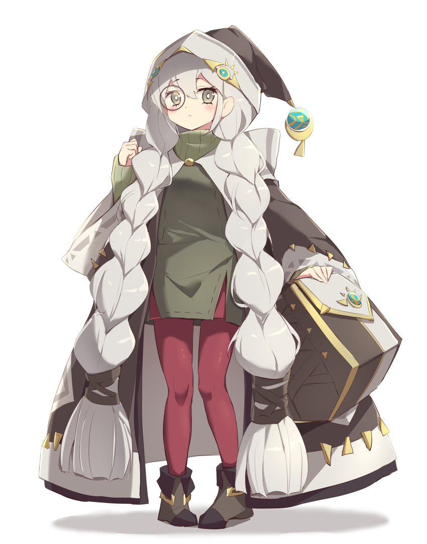1girl absurdres astellar_of_the_white_forest blush braid brown_coat brown_hat brown_sweater coat diabellstar_the_black_witch duel_monster full_body grey_eyes grey_hair hat highres holding kanzakietc long_hair monocle pantyhose red_pantyhose side_braid simple_background solo sweater white_background yu-gi-oh!