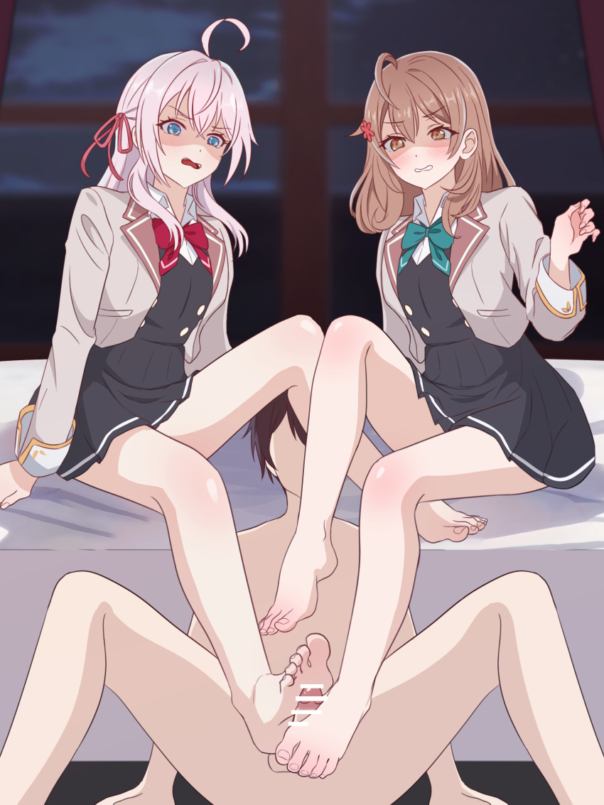 1boy 2girls absurdres alisa_mikhailovna_kujou bar_censor barefoot blue_eyes blush brown_eyes brown_hair censored clothed_female_nude_male feet footjob highres kuze_masachika long_hair mariya_mikhailovna_kujou multiple_girls nude open_mouth paingoro parted_lips school_uniform shaded_face siblings sisters soles toes tokidoki_bosotto_roshia-go_de_dereru_tonari_no_alya-san white_hair