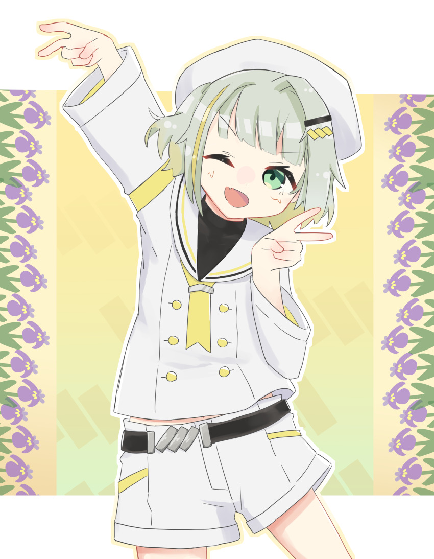 1girl a.i._voice absurdres arm_up armband belt blonde_hair blonde_streaks blunt_bangs buttons colored_inner_hair commentary_request cowboy_shot double-breasted double_v fang floral_background green_eyes green_hair hair_ornament hairclip hat highres letterboxed midriff_peek multicolored_hair necktie one_eye_closed open_mouth outline sailor_collar sailor_hat shirt short_hair shorts single_hair_intake skin_fang smile solo streaked_hair tobey tsunose_kotone tsunose_kotone_(tsubomi) undershirt v v-shaped_eyebrows variant_set white_hat white_sailor_collar white_shirt white_shorts yellow_armband yellow_background yellow_necktie