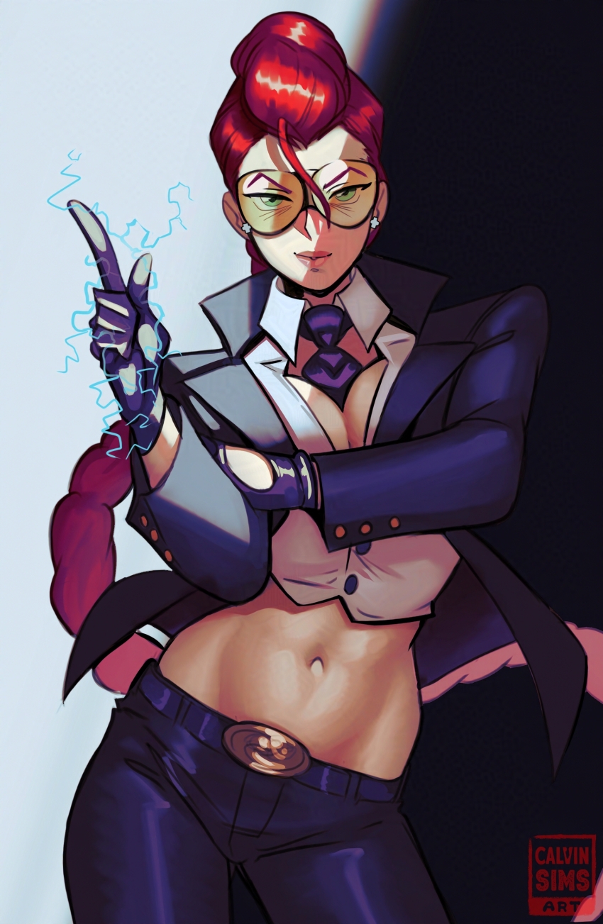 1girl absurdres between_breasts black_jacket black_pants braid breasts calvin_sims cleavage crimson_viper crop_top dark-skinned_female dark_skin dougi earrings formal_clothes glasses gloves highres index_finger_raised jacket jewelry large_breasts lips long_hair mature_female navel necktie necktie_between_breasts orange-tinted_eyewear pant_suit pants pompadour red_hair safety_glasses shirt single_braid solo street_fighter street_fighter_iv_(series) suit sunglasses tinted_eyewear white_shirt yellow-tinted_eyewear