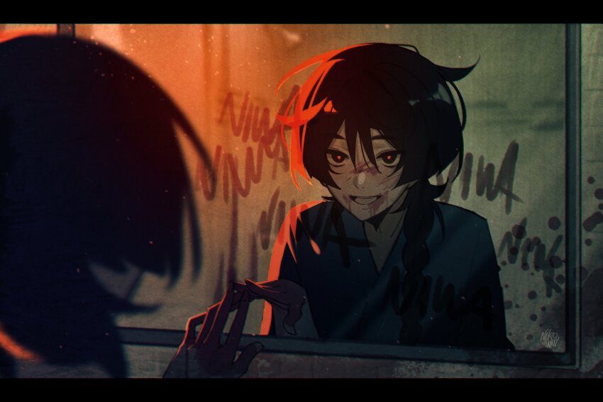 1boy against_mirror alternate_costume alternate_hair_length alternate_hairstyle black_border black_eyes black_hair blood blood_on_face blood_on_hands blood_writing blunt_ends border cowlick crazy_eyes crazy_smile genshin_impact grey_shirt hair_between_eyes hair_over_shoulder highres horror_(theme) letter long_braid long_hair looking_at_reflection low-braided_long_hair low-tied_long_hair male_focus mirror nekojinnyart open_mouth red_eyes red_pupils reflection scaramouche_(genshin_impact) shirt smile solo v-neck white_mouth