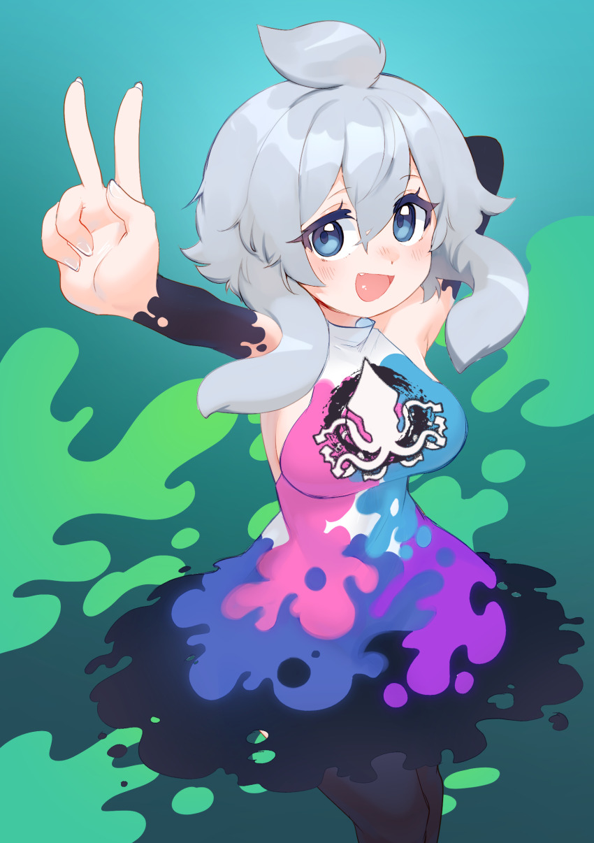 1girl absurdres ahoge arm_behind_head blue_eyes bodypaint chumu_(teuthidan) commission commissioner_upload dress grey_hair highres looking_at_viewer niniidawns original paint_splatter smile solo tentacle_hair v