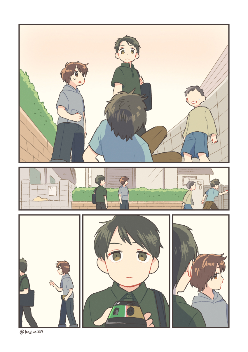 4boys 5koma absurdres bag black_pants blue_shorts brick_wall brown_eyes brown_hair brown_pants camera collared_shirt comic disposable_camera dot_nose expressionless fallen_down green_eyes green_hair green_shirt grey_hoodie hand_up hedge highres holding holding_camera hood hood_down hoodie incoming_gift kojiro337 looking_at_viewer lying multiple_boys multiple_views on_back original outdoors pants raised_eyebrows running school_bag shirt short_sleeves shorts sideways_glance silent_comic sweatdrop