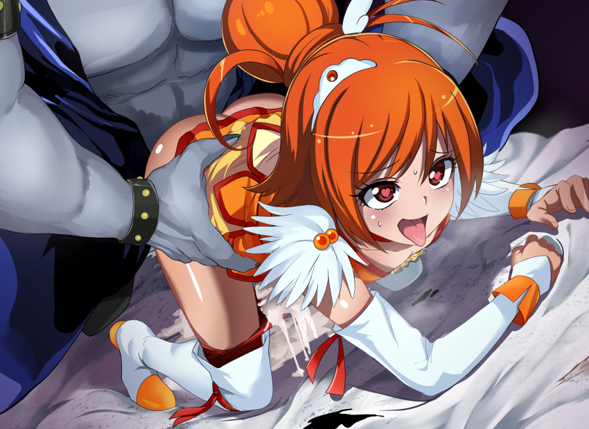 1boy 1girl all_fours bent_over bike_shorts bike_shorts_pull choker clothed_sex cum cum_in_pussy cure_sunny doggystyle furry furry_male furry_with_non-furry heart heart-shaped_pupils hetero highres hino_akane_(smile_precure!) interspecies long_hair maki_ikazuya orange_choker orange_skirt orgasm cum_overflow precure rape sex sex_from_behind shiny_skin skirt smile_precure! solo_focus sweat symbol-shaped_pupils torso_grab werewolf wolf_boy wolfrun