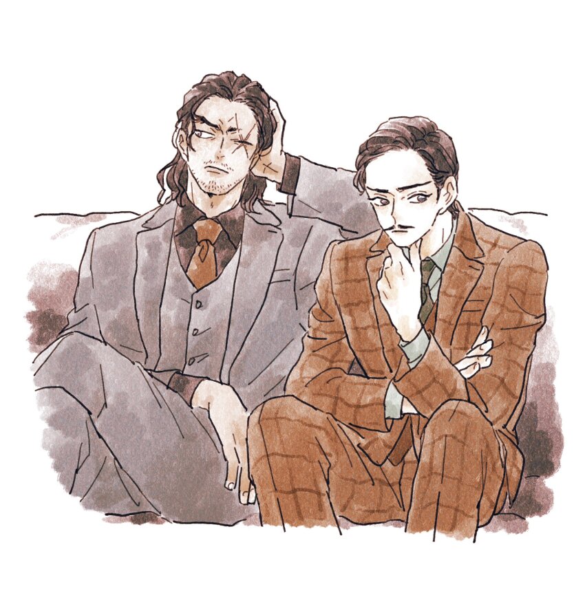 2boys beard_stubble brown_suit closed_mouth facial_hair formal_clothes grey_suit hair_slicked_back highres looking_to_the_side male_focus medium_hair meitantei_conan morofushi_takaaki multiple_boys mustache nanteiiyoru necktie scar scar_across_eye scar_on_face short_hair sitting stubble suit yamato_kansuke