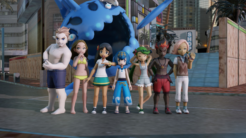 3boys 3d 4girls ^_^ artist_request barefoot bikini black_hair black_male_swimwear black_swim_trunks blue_hair brown_hair city closed_eyes dark-skinned_male dark_skin gen_7_pokemon green_hair happy highres ilima_(pokemon) kiawe_(pokemon) lana_(pokemon) long_hair looking_at_viewer male_swimwear mallow_(pokemon) miniskirt multicolored_hair multiple_boys multiple_girls muscular nintendo outdoors pants pink_hair pokemon pokemon_(creature) pokemon_sm ponytail red_hair red_male_swimwear red_swim_trunks road shoes short_hair skirt smile sneakers street swim_trunks swimmer_(pokemon) swimsuit two-tone_hair vest wishiwashi yellow_bikini