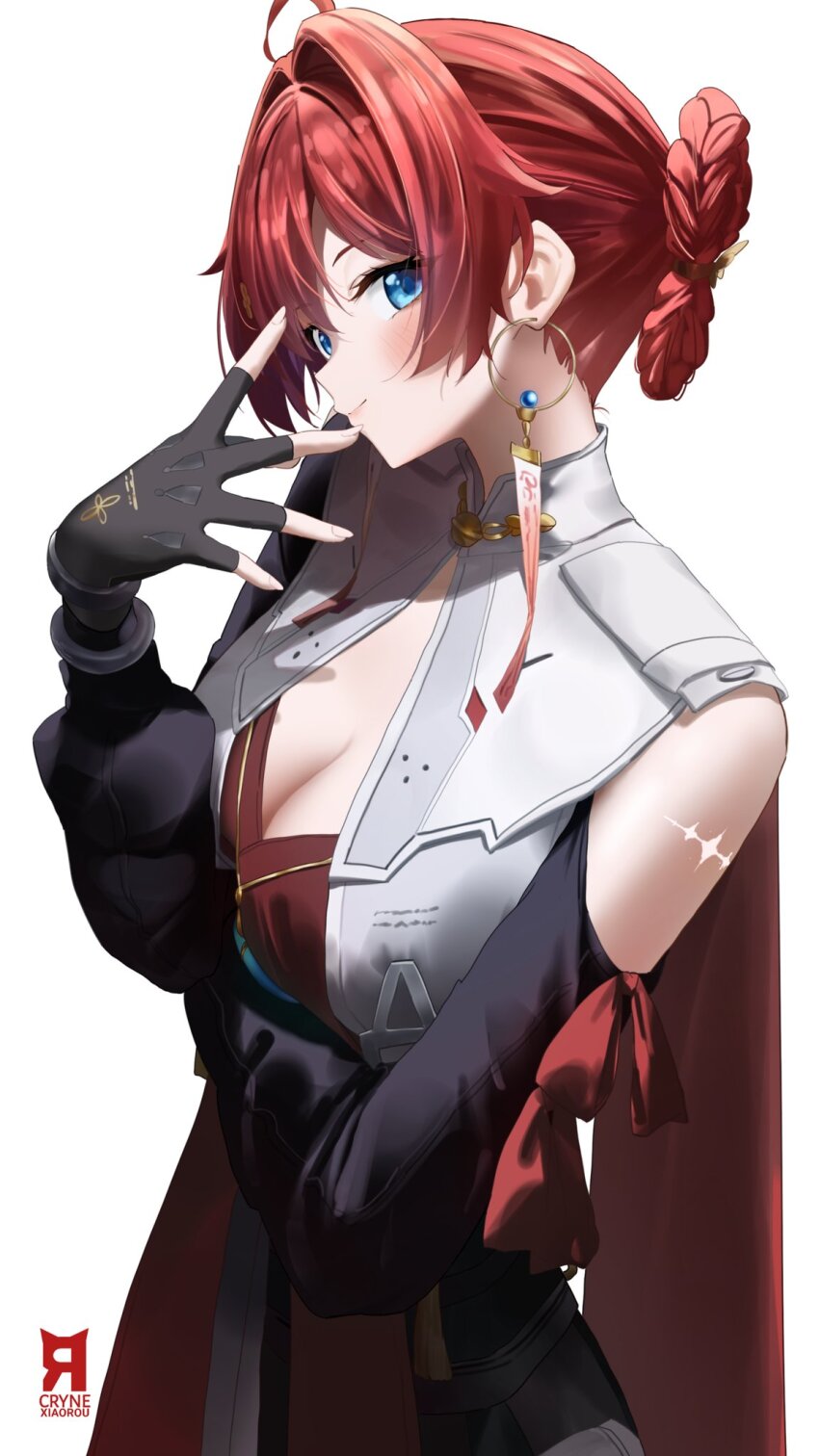 1girl artist_logo black_gloves blue_eyes breasts cleavage closed_mouth clothing_cutout commentary cowboy_shot cryne danjin_(wuthering_waves) earrings english_commentary fingerless_gloves folded_braid gloves hair_intakes hand_up highres hoop_earrings jewelry light_blush logo looking_at_viewer red_hair revision short_hair shoulder_cutout simple_background small_breasts smile solo tabard tacet_mark_(wuthering_waves) white_background white_tabard wuthering_waves