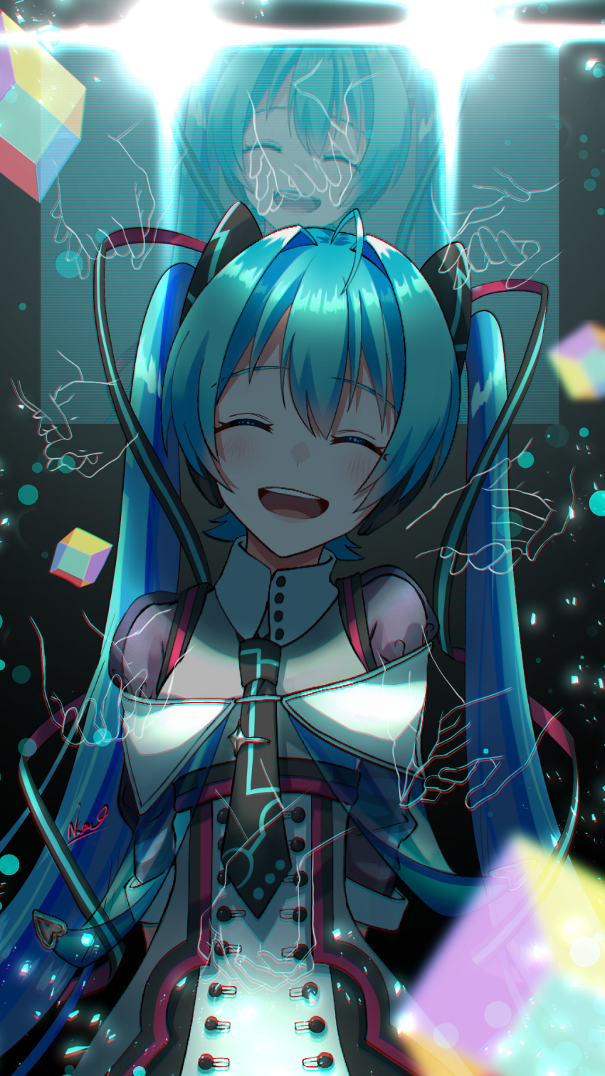 1girl absurdres ahoge alternate_costume aqua_hair arms_behind_back augmented_reality buttons collarbone concert contrapposto double-breasted dress closed_eyes hair_between_eyes hair_intakes hatsune_miku head_tilt highres jumbotron long_hair long_sleeves necktie open_mouth ribbon see-through_clothes smile stage_lights straight-on tatyaoekaki twintails upper_body very_long_hair vocaloid
