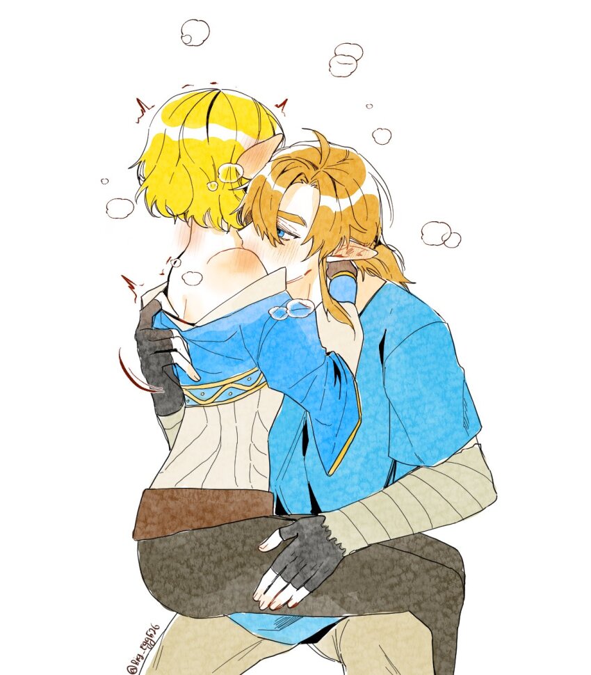 1boy 1girl arm_around_back arms_around_neck bare_shoulders big_egg526 black_gloves black_pants blue_eyes blue_shirt blue_tunic blush couple fingerless_gloves gloves grey_pants hair_between_eyes hand_on_another&#039;s_thigh heavy_breathing hetero highres link low_ponytail medium_hair nintendo pants parted_bangs pointy_ears ponytail princess_zelda shirt shirt_partially_removed short_hair sidelocks the_legend_of_zelda the_legend_of_zelda:_breath_of_the_wild tunic twintails white_background