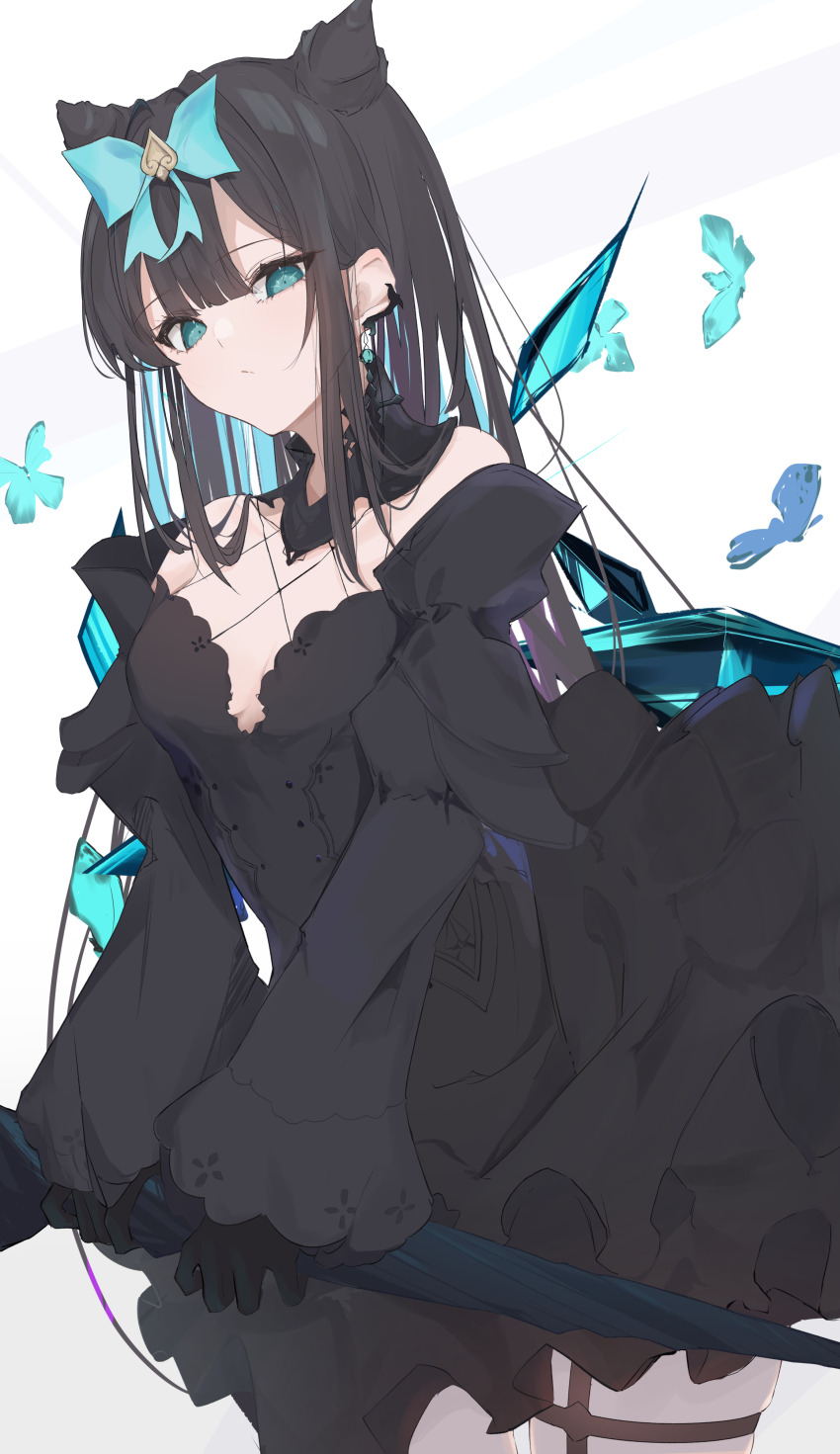 1girl absurdres arcaea bare_shoulders black_dress black_gloves black_hair blue_eyes blunt_bangs bow breasts butterfly_hair_ornament cleavage collarbone cowboy_shot crystal_wings culumi_0416 dress earrings garter_straps gloves hair_bow hair_ornament highres holding holding_umbrella jewelry large_breasts long_hair long_sleeves solo tairitsu_(arcaea) tairitsu_(tempest)_(arcaea) thighhighs thighs umbrella