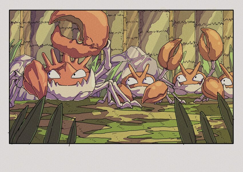 animal_focus day following full_body gen_1_pokemon grass highres kingler krabby looking_at_viewer nintendo no_humans on_ground onamuzi_illust pokemon pokemon_(creature) pokemon_focus rock shadow tree