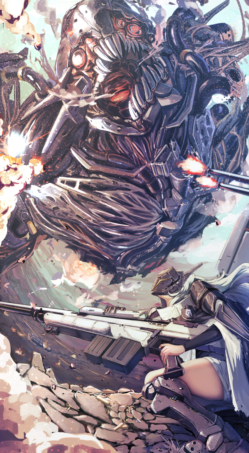 1girl 1other absurdres armor armored_boots boots chatterbox_(nikke) cloak dog_tags fighting goddess_of_victory:_nikke hair_between_eyes highres long_hair mechanical_arms non-humanoid_robot pta rapture_(nikke) robot shoulder_armor single_mechanical_arm snow_white_(nikke) teeth torn_cloak torn_clothes visor_(armor) white_cloak white_hair yellow_eyes