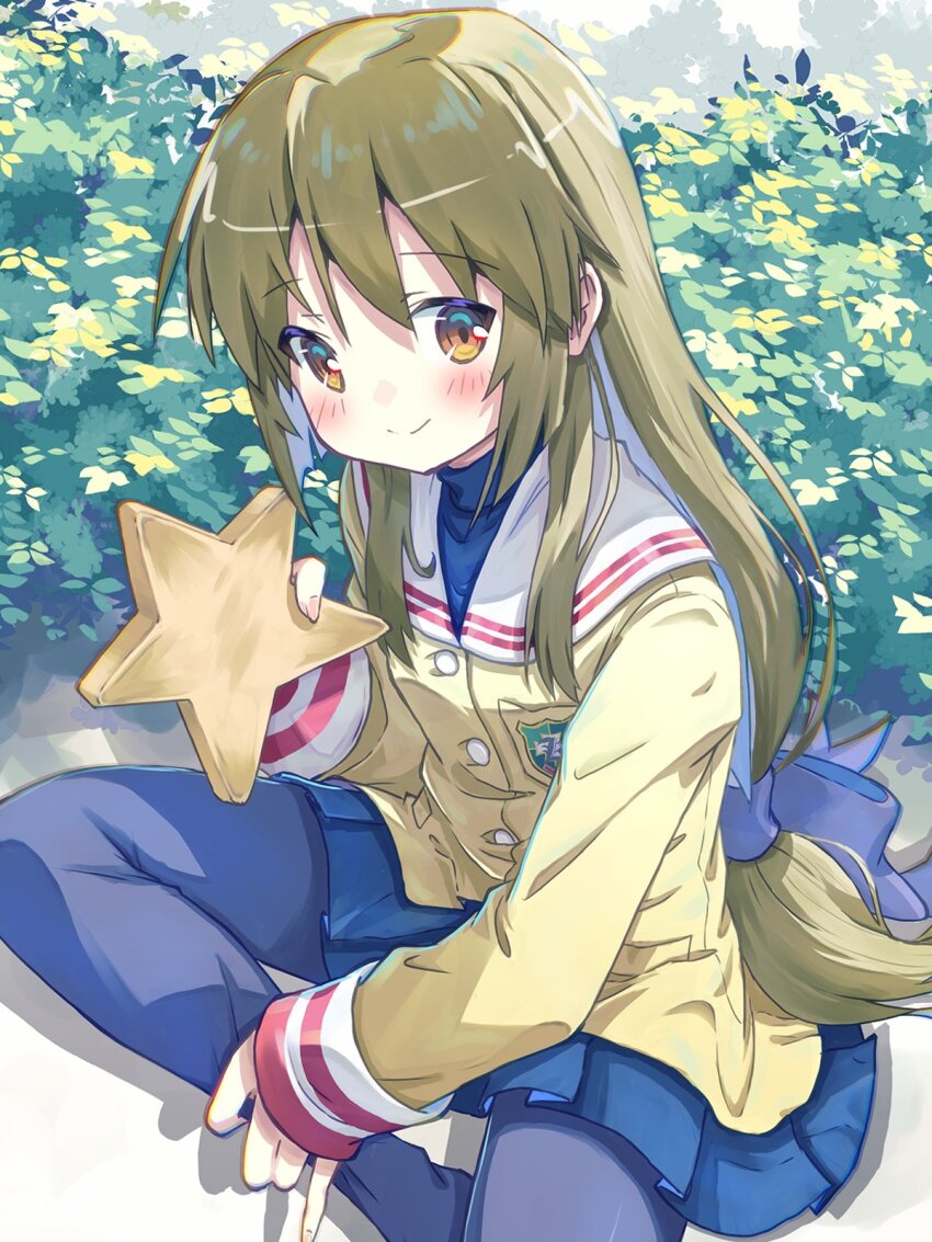1girl akayama_yukihe blue_turtleneck_sweater blush brown_eyes brown_hair clannad closed_mouth day dot_nose feet_out_of_frame female_focus hair_between_eyes hair_ribbon highres hikarizaka_private_high_school_uniform holding holding_star ibuki_fuuko jacket long_hair looking_at_viewer low-tied_long_hair outdoors pantyhose pleated_skirt ribbon school_uniform sitting skirt smile solo star_(symbol) starfish sweater turtleneck turtleneck_sweater yellow_jacket