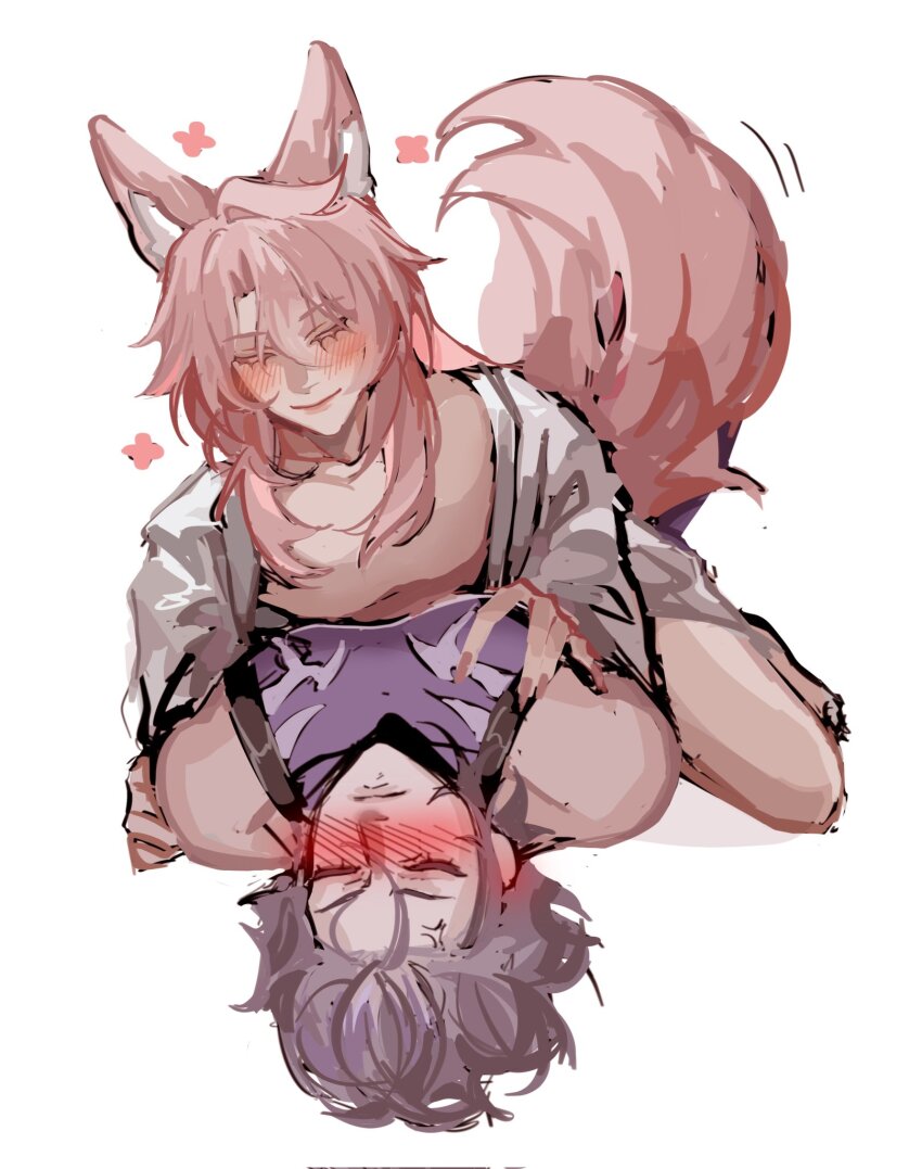 2boys animal_ear_fluff animal_ears arms_behind_back blush closed_eyes closed_mouth commentary compression_shirt curtained_hair english_commentary eyelashes fox_boy fox_ears fox_tail grey_hair hand_on_another&#039;s_chest hand_on_another&#039;s_shoulder head_back highres honkai:_star_rail honkai_(series) jiaoqiu_(honkai:_star_rail) long_hair lying male_focus moze_(honkai:_star_rail) multiple_boys on_back open_clothes open_shirt pink_hair purple_shirt shirt simple_background sleeveless sleeveless_shirt smile straddling tail white_background white_shirt xxxoncrack2069 yaoi