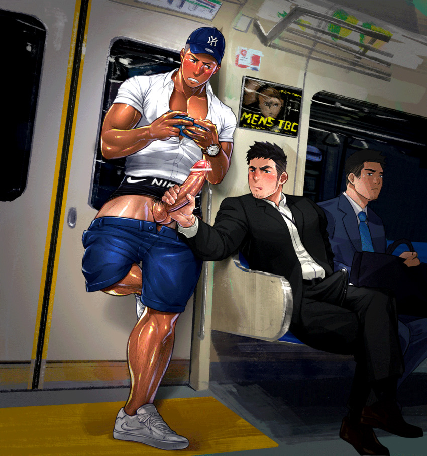 3boys :q animated animated_gif artisticjinsky bar_censor bara baseball_cap black_hair black_jacket black_pants blue_shorts blush brand_name_imitation bulge censored clothes_pull collared_shirt crossed_arms crossed_legs erection erection_under_clothes facial_hair formal_clothes full_body handjob hat highres holding holding_phone jacket large_pectorals leg_hair looking_at_another male_focus multiple_boys muscular muscular_male open_clothes open_jacket original pants partially_unbuttoned pectorals penis phone precum precum_through_clothes public_indecency salaryman shirt short_hair shorts shorts_pull sitting sparse_leg_hair sparse_stubble stubble suit thick_thighs thighs tongue tongue_out train_interior variant_set watch white_shirt wristwatch yaoi
