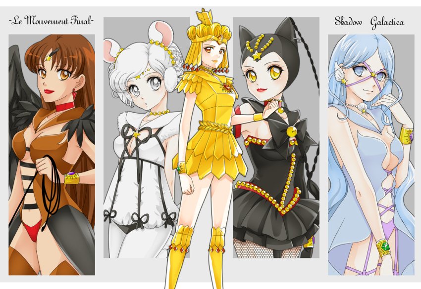 5girls animal_ears bishoujo_senshi_sailor_moon bishoujo_senshi_sailor_moon_stars black_bow black_panties black_sailor_collar black_skirt blue_eyes blue_hair blue_sailor_collar boots bow bracelet brooch brown_eyes brown_hair brown_sailor_collar cat_ears choker column_lineup cropped_legs grey_background grey_eyes jewelry lipstick long_hair looking_at_viewer makeup multiple_girls panties pantyhose pleated_skirt purple_panties red_choker red_eyes red_lips red_panties sailor_aluminum_seiren sailor_collar sailor_galaxia sailor_iron_mouse sailor_lead_crow sailor_moon_musical sailor_senshi sailor_tin_nyanko sarashina_kau short_hair short_twintails skirt slit_pupils star_brooch twintails underwear whip white_hair white_legwear white_sailor_collar yellow_boots yellow_eyes