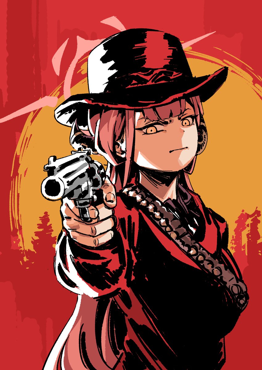 1girl absurdres aiming ammunition_belt arthur_morgan arthur_morgan_(cosplay) aru_(blue_archive) black_hat blue_archive brand_name_imitation commentary_request cosplay cowboy_hat demon_horns frown gehenna_academy_logo gun halo hand_up handgun hat highres holding holding_gun holding_weapon horns jacket johnlim korean_commentary long_hair parody pink_hair pink_halo red_background red_dead_redemption_(series) red_dead_redemption_2 red_jacket revolver solo upper_body weapon yellow_eyes