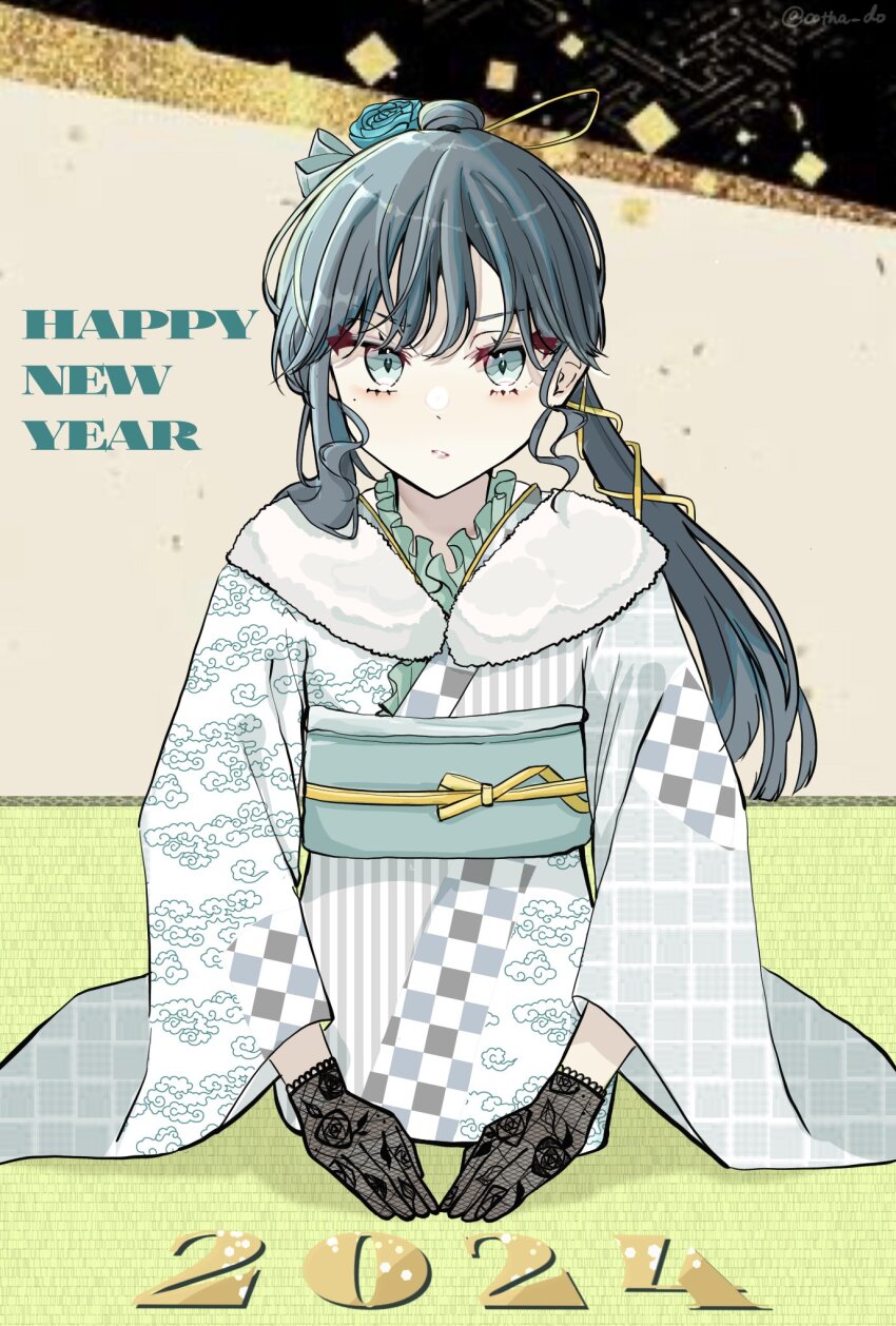 1girl 2024 ado_(utaite) black_gloves blue_eyes blue_flower blue_hair blue_rose chando_(ado) cloud_nine_inc cotha_do flower gloves hair_flower hair_ornament happy_new_year highres japanese_clothes karakusa_(pattern) kimono kneeling lace lace_gloves looking_at_viewer mole mole_under_eye new_year obi parted_lips ponytail print_kimono rose sash solo twitter_username utaite white_kimono
