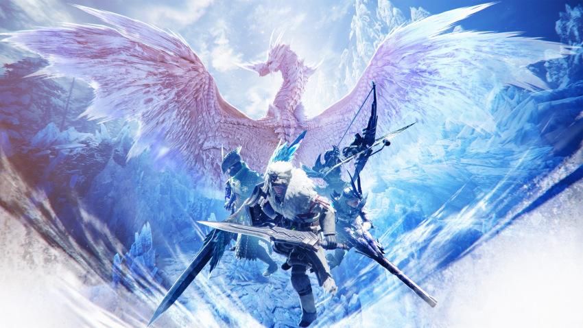 3d absurdres bow_(weapon) bowgun capcom character_request commentary dragon english_commentary highres holding holding_shield holding_sword holding_weapon huge_weapon ice ice_wings monster_hunter:_world monster_hunter_(series) official_art scales shield sword velkhana weapon wings