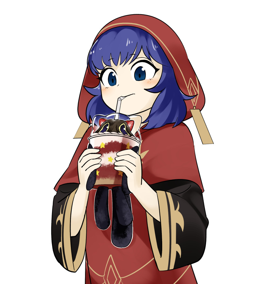 1girl blue_eyes blue_hair blush commentary cup cupsie_yummy disposable_cup dress drinking_straw highres holding holding_cup hood lo_the_prayers_of_the_voiceless_voice long_sleeves red_dress sawan_cutman short_hair simple_background upper_body white_background yu-gi-oh!