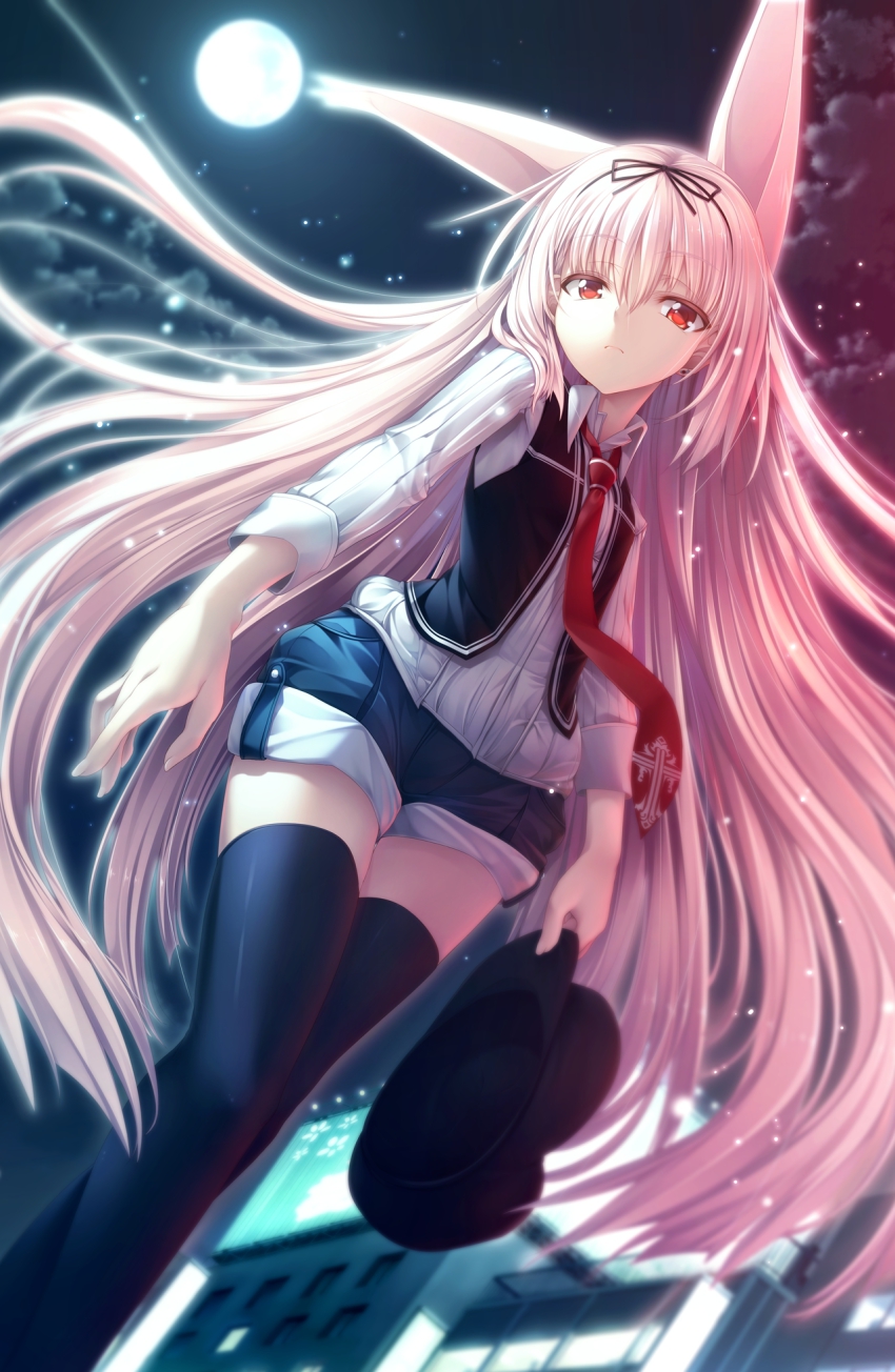 1girl animal_ears black_thighhighs char cosmic_cute_(company) female_focus full_moon game_cg gleam_garden_no_shoujo hairband highres long_hair luna_(gleam_garden_no_shoujo) moon necktie night night_sky pink_hair rabbit_ears red_eyes shorts sky solo thighhighs zettai_ryouiki