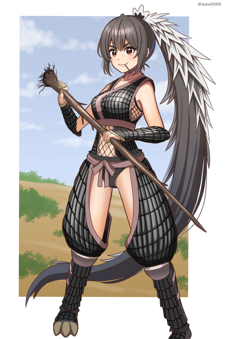 1girl absurdly_long_hair black_hair bracer breasts fingernails fishnet_top fishnets full_body genderswap genderswap_(mtf) godzilla godzilla_(series) godzilla_vs._megalon_(1973) grey_nails highres holding holding_weapon humanization long_fingernails long_hair medium_breasts mouth_hold navel personification ponytail sharp_fingernails smile solo stalk_in_mouth standing toho very_long_hair weapon yuuki_koutarou