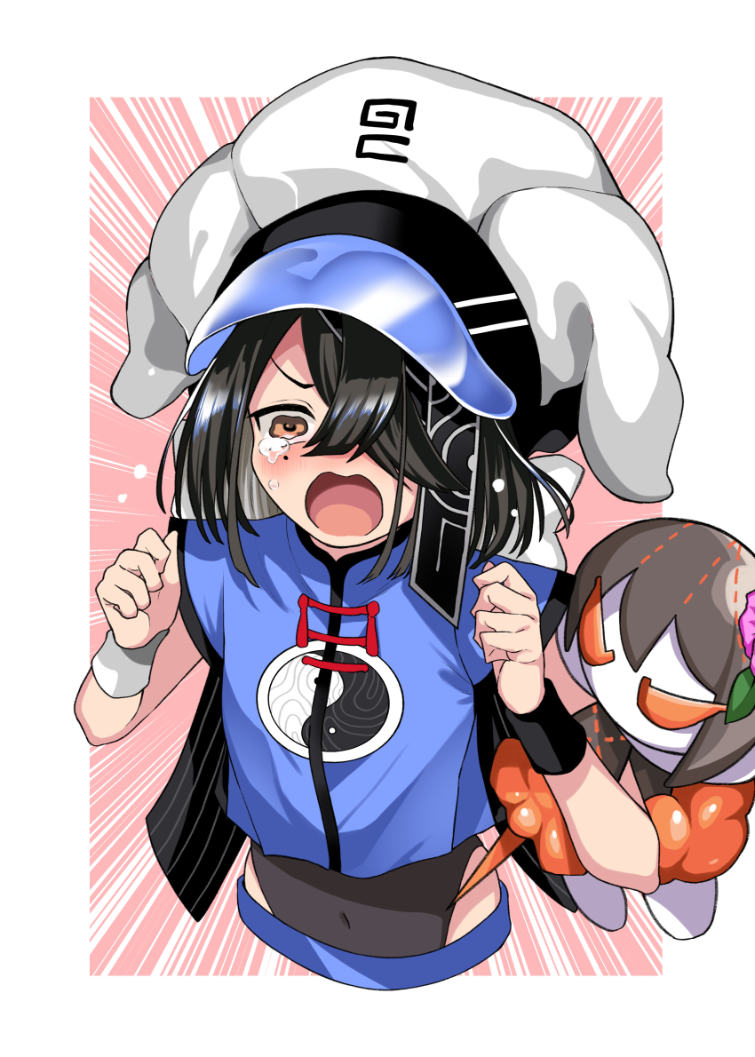 1girl absurdres black_hair brown_eyes character_doll commentary_request covered_navel cropped_torso crying crying_with_eyes_open doll emphasis_lines fate/grand_order fate_(series) hair_over_one_eye hands_up hat highres lady_yu_doll mole mole_under_eye open_mouth shirt simple_background sleeveless sleeveless_shirt solo tanuki_(siutkm0228) tears white_hat xu_fu_(fate) xu_fu_(swimsuit_avenger)_(first_ascension)_(fate) yin_yang yin_yang_print