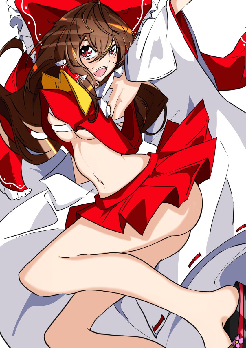 1girl :d absurdres arm_up armpits ascot black_sandals bow breasts brown_hair closed_mouth detached_sleeves frilled_bow frilled_hair_tubes frills full_body hair_between_eyes hair_tubes hakurei_reimu highres lips long_hair long_sleeves looking_to_the_side medium_breasts midriff miniskirt navel open_mouth red_bow red_eyes red_shirt red_skirt sandals sarashi shirt shoes sideboob sidelocks simple_background skirt smile solo teeth touhou unanooo_(fthx7532) upper_teeth_only white_background yellow_ascot