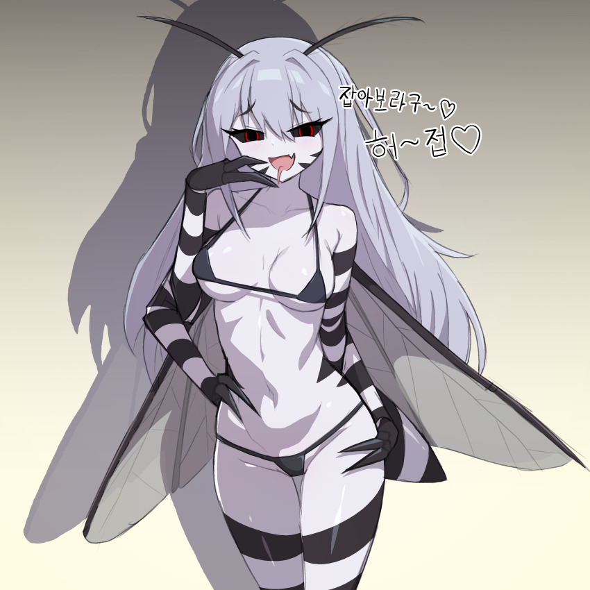 1girl absurdres antennae arm_behind_back arthropod_girl bikini black_bikini black_claws black_sclera black_skin breasts cleavage colored_sclera colored_skin commentary_request crotch extra_arms fang gradient_background grey_hair hand_on_own_face hand_on_own_hip heart highres insect_wings korean_commentary korean_text looking_at_viewer medium_breasts mesugaki micro_bikini monster_girl mosquito_girl multicolored_skin original pale_skin prim_(fsze8572) red_eyes shadow skin_fang solo string_bikini swimsuit tongue tongue_out two-tone_skin underboob wings yellow_background