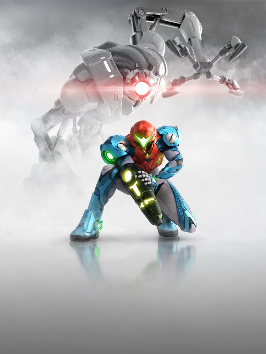 1girl 3d absurdres arm_cannon armor body_armor commentary e.m.m.i. full_body glowing glowing_eye helmet highres joints kneeling metroid metroid_dread neon_trim nintendo normal_suit_(metroid) official_art power_armor power_suit_(metroid) reflection robot robot_joints samus_aran science_fiction shoulder_armor simple_background visor_cap weapon