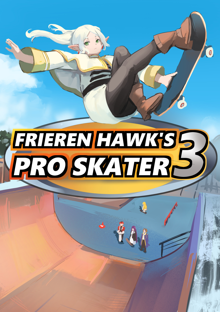 2boys 3girls absurdres ago_(owenanaken) black_pantyhose blue_sky boots brown_footwear capelet clear_sky commentary contemporary cover derivative_work elf english_commentary fake_cover fern_(sousou_no_frieren) floating_hair frieren full_body gold_trim green_eyes halfpipe highres holding holding_skateboard long_sleeves looking_at_viewer multiple_boys multiple_girls outdoors pantyhose parody parted_bangs pointy_ears sein_(sousou_no_frieren) serie_(sousou_no_frieren) skateboard skirt sky sleeve_cuffs solo_focus sousou_no_frieren stark_(sousou_no_frieren) tony_hawk&#039;s_pro_skater traffic_cone twintails video_game_cover video_game_cover_redraw white_capelet white_hair white_skirt