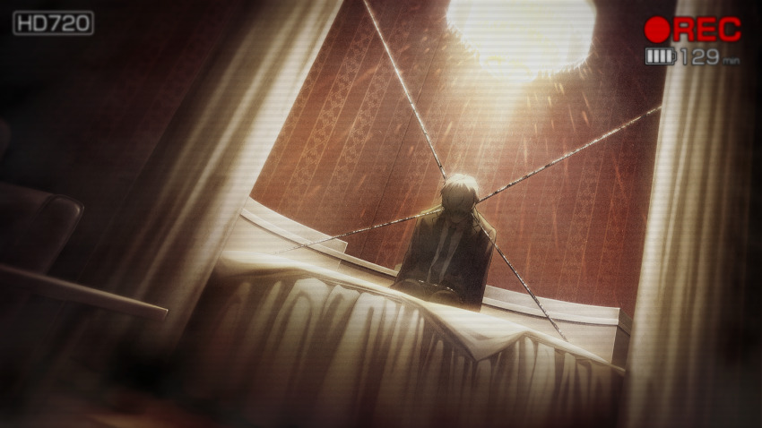 1boy armchair battery_indicator bed_sheet black_jacket black_pants blue_necktie bound bound_legs bound_thighs brown_jacket brown_suit camcorder chair chandelier chaos;child collared_shirt curtains faceless faceless_male facing_down formal_clothes game_cg hidden_camera highres imminent_death jacket kakita_hironori kneeling lapels necktie non-web_source notched_lapels official_art on_bed pants recording round_bed sasaki_mutsumi shirt short_hair solo strangling suit video_camera viewfinder vinyl_record white_shirt