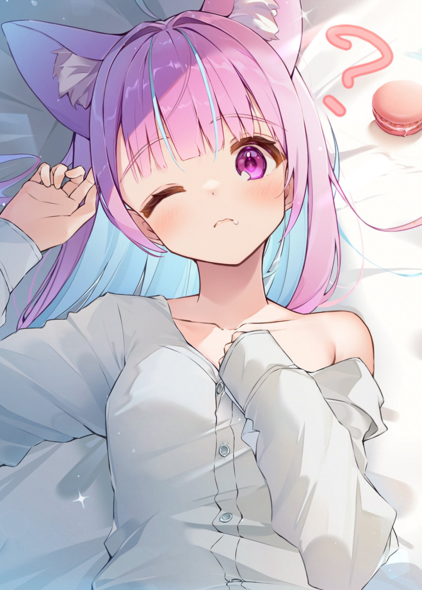 1girl ? ahoge alternate_costume alternate_hairstyle animal_ears aqua_hair bed_sheet blush breasts cat_ears cat_girl closed_mouth collarbone colored_inner_hair commentary_request crumbs extra_ears food hair_intakes highres hololive huyu_same long_hair looking_at_viewer lying macaron minato_aqua multicolored_hair on_back one_eye_closed shirt single_off_shoulder sleeves_past_fingers sleeves_past_wrists solo streaked_hair two-tone_hair virtual_youtuber white_shirt