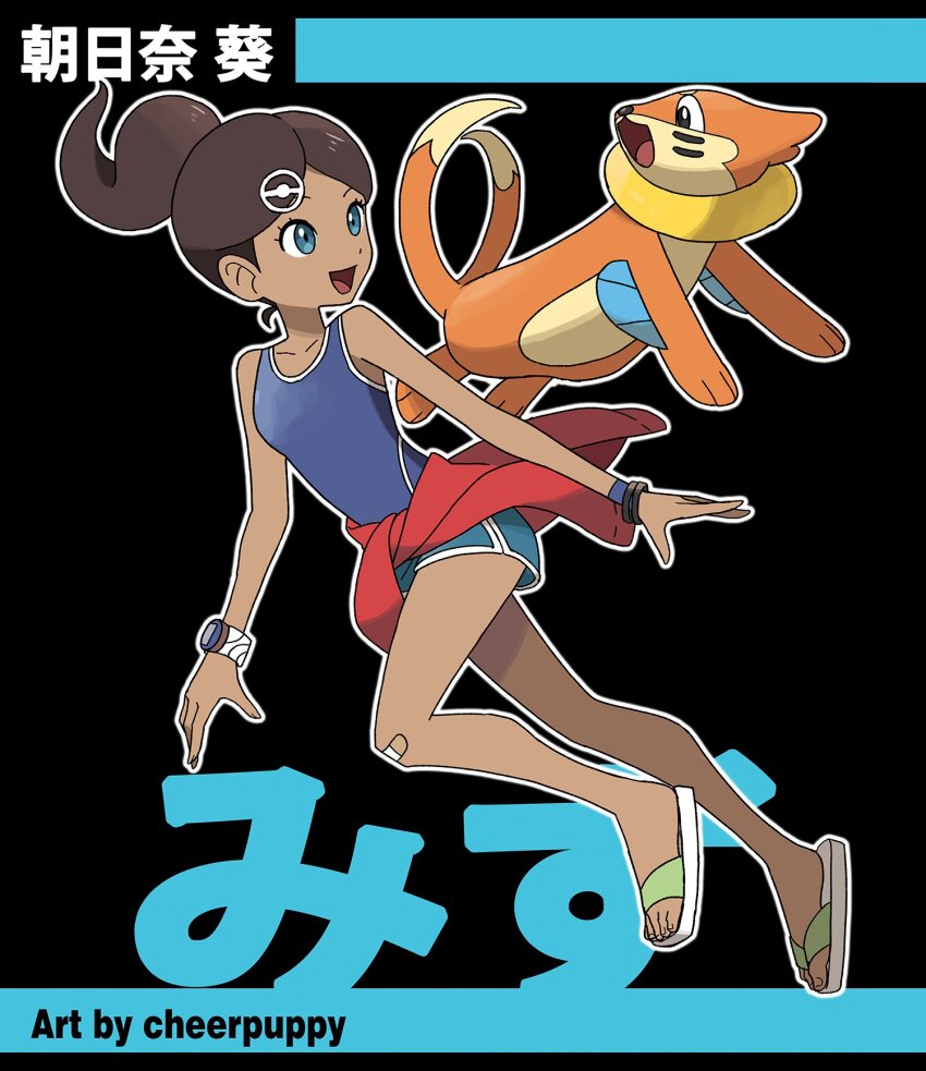 1girl :d artist_name asahina_aoi bandaid bandaid_on_knee bandaid_on_leg bare_shoulders black_background blue_shirt breasts brown_hair buizel cheer_(cheerpuppy14) clothes_around_waist collarbone crossover danganronpa:_trigger_happy_havoc danganronpa_(series) dark-skinned_female dark_skin flip-flops gen_4_pokemon green_eyes green_shorts hair_ornament hairclip highres jacket jacket_around_waist looking_at_another nintendo open_mouth outline poke_ball_hair_ornament pokemon pokemon_(creature) ponytail sandals shirt shorts small_breasts smile translation_request watch white_outline wristwatch