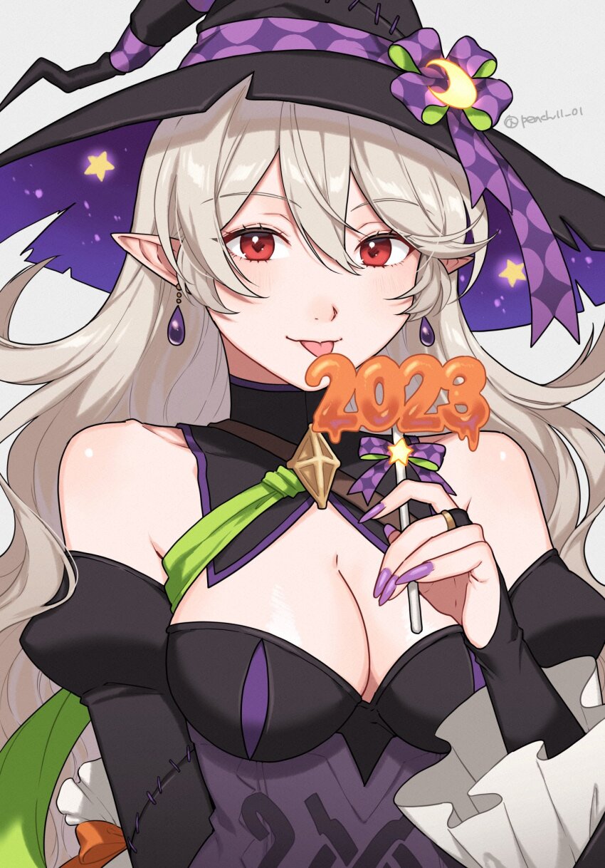 1girl 2023 :p bare_shoulders black_dress black_hat breasts bridal_gauntlets cleavage commentary_request corrin_(female)_(fire_emblem) corrin_(female)_(halloween)_(fire_emblem) dress fire_emblem fire_emblem_fates fire_emblem_heroes frilled_sleeves frills grey_hair halloween halloween_costume hand_up hat highres holding juliet_sleeves long_hair long_sleeves looking_at_viewer medium_breasts nail_polish nintendo off-shoulder_dress off_shoulder official_alternate_costume pointy_ears puffy_sleeves purple_nails red_eyes shamu_(peach11_01) smile solo tongue tongue_out upper_body very_long_hair witch witch_hat