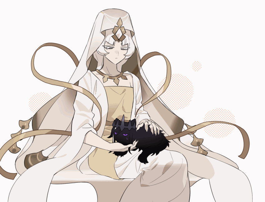 1girl animal animal_on_lap animalization animated animated_gif black_cat breasts bright_pupils brown_eyes cat cat_on_lap chinese_commentary circle closed_eyes closed_mouth coat colored_eyelashes colored_sclera commentary_request cookie_run cookie_run:_kingdom crown dark_cacao_cookie dress feet_out_of_frame fingernails forehead_jewel halftone halftone_background humanization invisible_chair long_dress looking_at_animal mystic_flour_cookie on_lap open_clothes open_coat pale_skin petting purple_sclera sharp_fingernails shime52631 short_dress simple_background single_bare_shoulder sitting small_breasts smile solo strapless strapless_dress sweat three-quarter_sleeves two-tone_dress u_u veil white_background white_coat white_dress white_eyelashes white_hair white_pupils white_veil yellow_dress