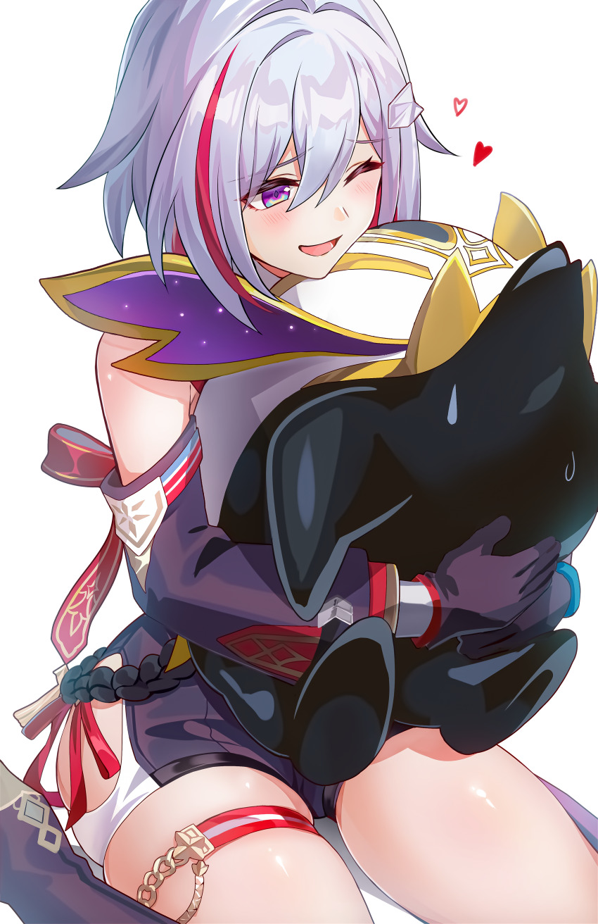 1girl absurdres animal animal_hug bare_shoulders black_gloves commentary_request diamond-shaped_pupils diamond_(shape) feet_out_of_frame gloves grey_hair hair_between_eyes hair_ornament heart highres holding holding_animal honkai:_star_rail honkai_(series) multicolored_eyes multicolored_hair numby_(honkai:_star_rail) one_eye_closed open_mouth purple_eyes red_streaks short_hair simple_background sitting smile streaked_hair sweatdrop symbol-shaped_pupils thigh_strap topaz_(honkai:_star_rail) trotter_(honkai:_star_rail) two-tone_eyes wariza white_background yuzuyu010