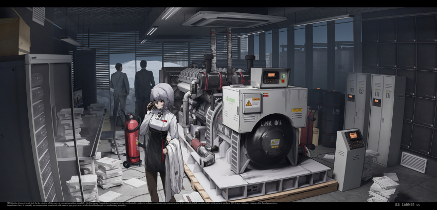 1girl 2boys air_conditioner animal_ears black_dress chinese_commentary coat computer computer_tower dress drum_(container) duplicate engine english_text extra_ears fire_extinguisher formal_clothes generator haguruma_c highres holding holding_phone id_card indoors jacket lab_coat locker machinery monitor mountainous_horizon multiple_boys office original paint_palette pantyhose paper phone pixel-perfect_duplicate red_eyes scenery screen server_(computer) shirt short_hair snow suit suit_jacket unworn_coat white_coat white_hair white_shirt window