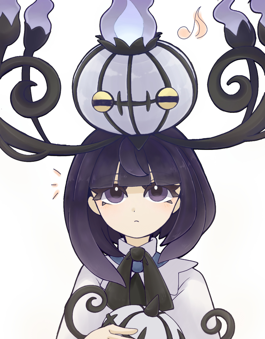 1girl absurdres bob_cut chandelure closed_mouth coat eyelashes gen_5_pokemon gwynn_(pokemon) hat highres holding holding_unworn_clothes holding_unworn_hat long_sleeves looking_at_another looking_up musical_note nintendo on_head pokemon pokemon_(creature) pokemon_legends:_z-a pokemon_on_head purple_eyes short_hair suzu_(pixiv_32232702) unworn_hat unworn_headwear white_background white_coat