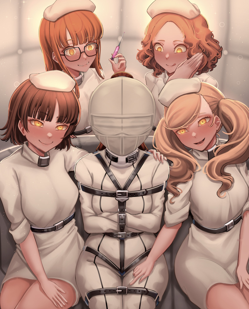 5girls absurdres blonde_hair blush bodysuit bound bound_arms bound_legs brown_hair dankestofdans gagged gimp_mask hat highres holding holding_syringe licking_lips looking_at_viewer mask multiple_girls niijima_makoto nurse nurse_cap okumura_haru orange_hair padded_walls persona persona_5 sakura_futaba shadow_(persona) smile straitjacket syringe takamaki_anne tongue tongue_out twintails variant_set white_bodysuit yellow_eyes yoshizawa_kasumi yuri