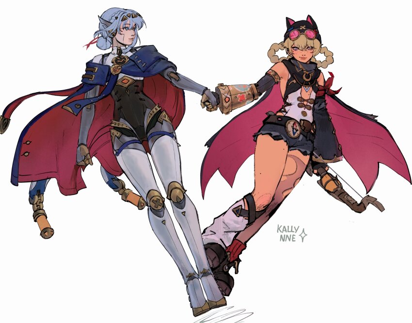 2girls absurdres android animal_ear_headwear animal_ears arm_at_side armpits artist_name asymmetrical_clothes asymmetrical_legwear bandana_around_arm bare_shoulders beanie belt black_hat blonde_hair blue_eyes blue_hair bow_(weapon) braid braided_hair_rings breasts buttons cape center_opening closed_mouth commentary detached_sleeves dutch_angle english_commentary eyewear_on_head fake_animal_ears fingerless_gloves freckles full_body genshin_impact gloves hair_between_eyes hair_bun hair_rings hat highres holding holding_bow_(weapon) holding_hands holding_weapon ineffa_(genshin_impact) jahoda_(genshin_impact) joints kallynnekmi leaning_to_the_side leotard leotard_under_clothes light_smile lips looking_at_another looking_at_viewer low-cut_armhole mechanical_arms mechanical_legs metal_skin mole mole_on_stomach mole_on_thigh multiple_girls multiple_moles no_headwear pink-tinted_eyewear prosthesis prosthetic_arm purple_eyes robot robot_ears robot_girl robot_joints round_eyewear shoes short_shorts shorts simple_background single_glove single_hair_bun single_mechanical_arm single_sleeve single_thighhigh small_breasts standing sunglasses thighhighs tinted_eyewear torn_clothes torn_thighhighs weapon white_background