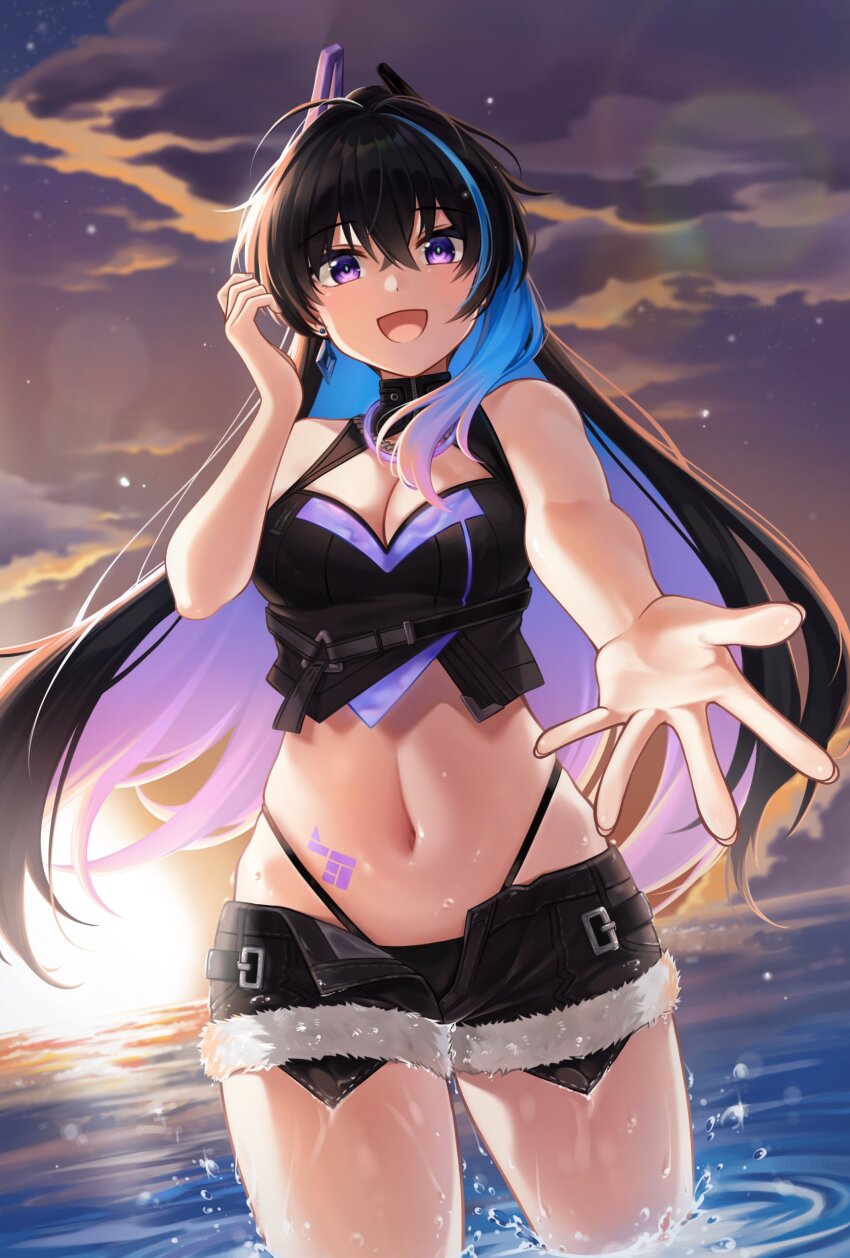 absurdres bare_arms black_hair black_panties black_shorts blue_hair breasts cleavage colored_inner_hair crossed_bangs gradient_hair hair_between_eyes highleg highleg_panties highres idol long_hair multicolored_hair myam_(123ab456c) navel official_alternate_costume open_mouth panties punishing:_gray_raven purple_eyes purple_hair selena_(pgr) short_shorts shorts stomach_tattoo tattoo underwear wide_ponytail