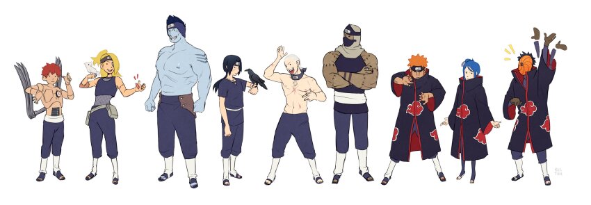 1girl 6+boys :d akatsuki_uniform arm_up bird black_hair black_pants black_shirt blonde_hair blue_hair blue_skin brown_gloves colored_skin deidara_(naruto) forehead_protector full_body gloves hidan_(naruto) highres hoshigaki_kisame kakuzu_(naruto) keltbh konan_(naruto) legs_apart long_hair male_focus mask mouth_mask multiple_boys muscular muscular_male naruto_(classic) naruto_(series) notice_lines open_mouth orange_hair pain_(naruto) pants red_hair sasori_(naruto) shirt shoes short_hair simple_background smile standing stitches teeth tobi_(naruto) toeless_footwear tongue tongue_out topless_male uchiha_itachi uchiha_obito upper_teeth_only waving white_background white_hair