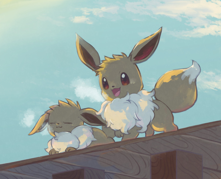 :3 :d brown_eyes closed_eyes closed_mouth cloud commentary_request day eevee gen_1_pokemon happy katiwari7293 lying nintendo no_humans on_stomach open_mouth outdoors pokemon pokemon_(creature) pokemon_focus sky smile solo standing tongue