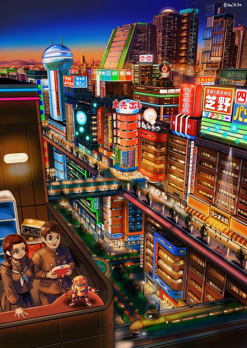 absurdres breasts bridge brown_eyes brown_hair brown_serafuku city commentary_request controller evening gakuran hai_to_hickory hair_behind_ear highres large_breasts open_mouth original road robot school_uniform science_fiction serafuku smile train twitter_username