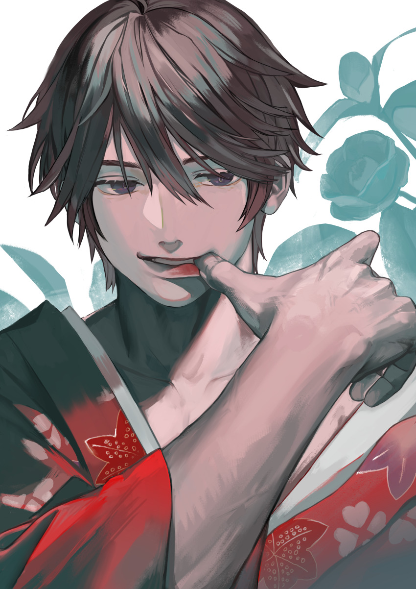 1boy absurdres brown_eyes brown_hair highres japanese_clothes kimono leaf_print looking_at_viewer male_focus meiji_tokyo_renka otojirou_kawakami short_hair simple_background talc001 upper_body