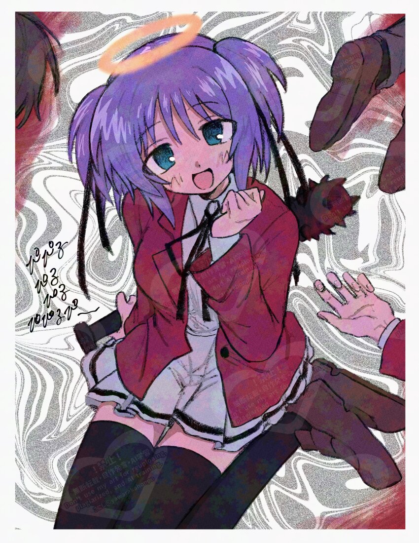 1girl absurdres angel baseball_bat black_ribbon black_thighhighs blazer blood bloody_weapon blush bokusatsu_tenshi_dokuro-chan club club_(weapon) collared_shirt excalibolg green_eyes grin hair_ribbon halo hand_up highres holding holding_baseball_bat holding_club holding_weapon jacket kanabou loafers long_sleeves looking_at_viewer mitsukai_dokuro neck_ribbon ni_(yawarakahonpo) open_clothes open_mouth pleated_skirt purple_hair red_jacket ribbon school_uniform shirt shoes short_hair sitting skirt smile solo_focus spiked_club thighhighs traditional_halo two_side_up weapon white_shirt white_skirt zettai_ryouiki