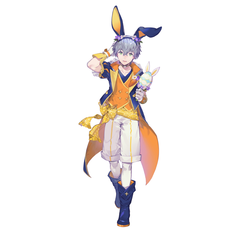 1boy animal_ear_hairband animal_ears ashe_ubert ashe_ubert_(spring) blue_boots blue_hair blue_hairband blue_jacket boots commentary_request easter easter_egg egg fake_animal_ears fire_emblem fire_emblem:_three_houses fire_emblem_heroes full_body gloves green_eyes hairband hand_up highres holding holding_weapon jacket looking_at_viewer male_focus nintendo official_alternate_costume official_art orange_vest pants pantyhose rabbit_ear_hairband rabbit_ears second-party_source short_hair shorts simple_background smile solo standing suzuki_iori vest weapon white_background white_gloves white_pantyhose white_shorts